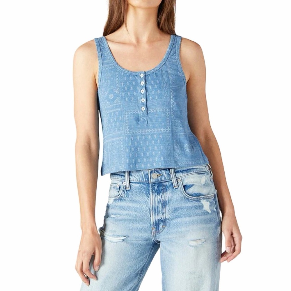 Lucky Brand Light Blue Patterned Henley Crop Tank Top
